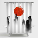 Watercolor Rising Sun and Mountains in Morning Fog Mist Artwork Shower Curtain - Black White Red