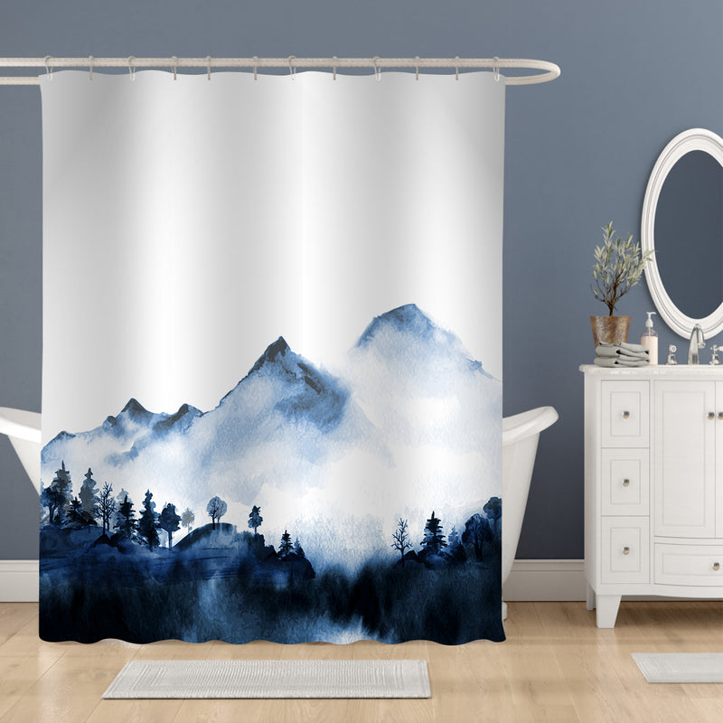 Asian Watercolor Mountain and Forest Scenic Shower Curtain - Blue