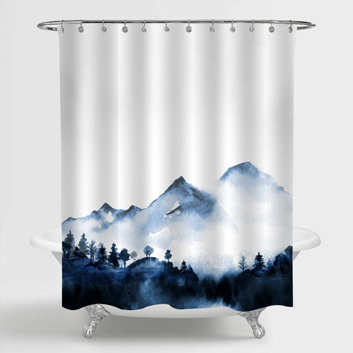 Asian Watercolor Mountain and Forest Scenic Shower Curtain - Blue