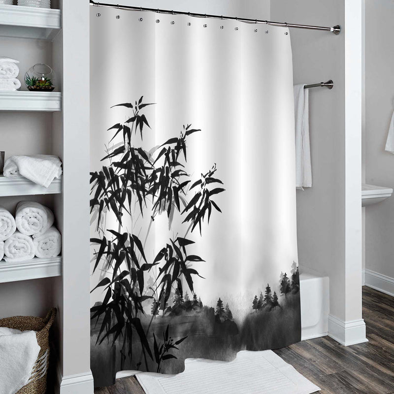 Chinese Traditional Brush Bamboo Forest Shower Curtain - Black White