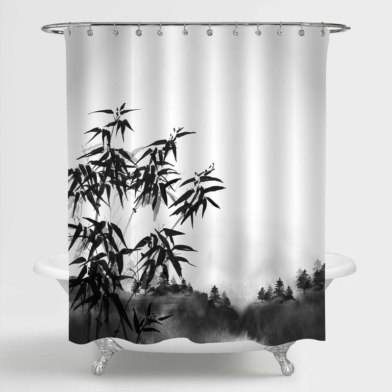 Chinese Traditional Brush Bamboo Forest Shower Curtain - Black White