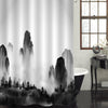 Chinese Ink Painting Wild Forest Trees and High Mountains in Fog Shower Curtain - Black White