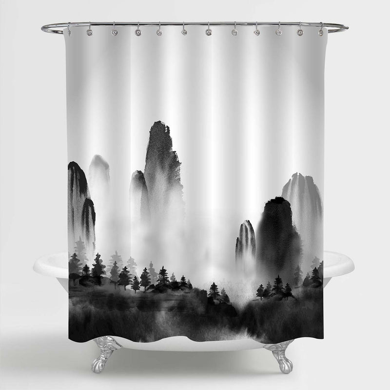 Chinese Ink Painting Wild Forest Trees and High Mountains in Fog Shower Curtain - Black White