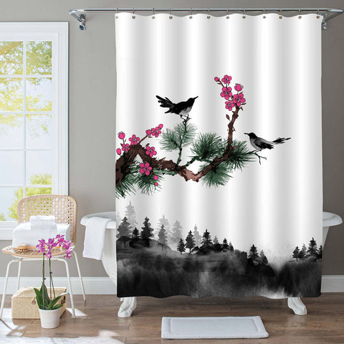 Japanese Painting Little Bird Pine Tree Branches and Pink Sakura Flowers Shower Curtain - Black White