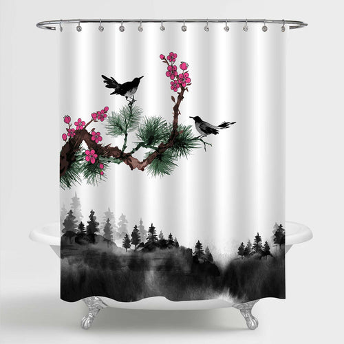 Japanese Painting Little Bird Pine Tree Branches and Pink Sakura Flowers Shower Curtain - Black White