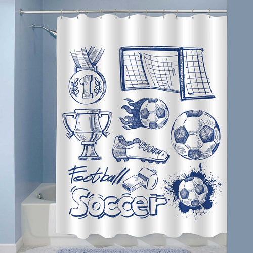 Football Elements on White Backdrop Shower Curtain - Blue