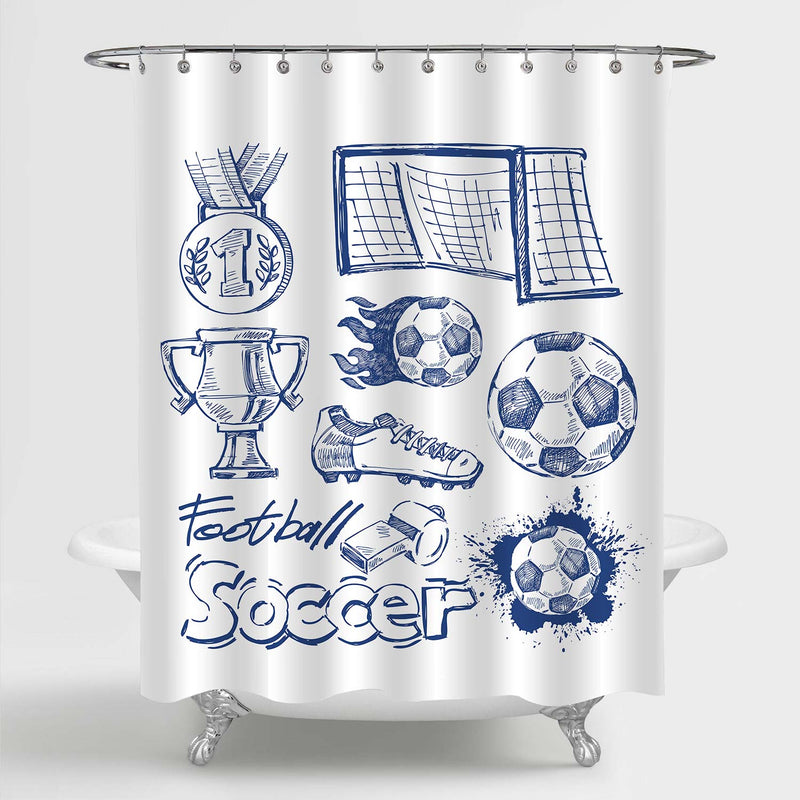 Football Elements on White Backdrop Shower Curtain - Blue
