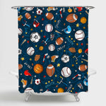 Baseball Basketball Football Hockey Star Pattern Sports Themed Shower Curtain - Dark Blue