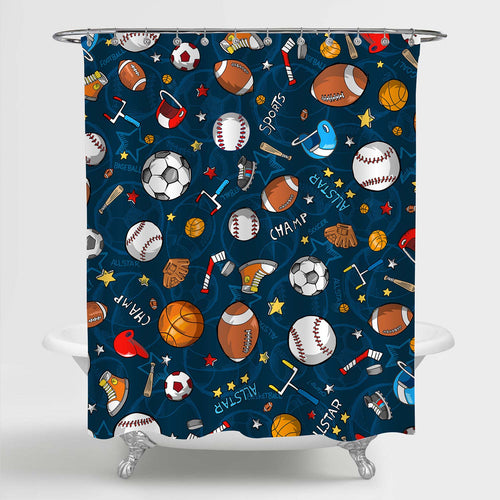 Baseball Basketball Football Hockey Star Pattern Sports Themed Shower Curtain - Dark Blue