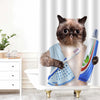 Brushing Teeth Cat Shower Curtain - Brown Blue