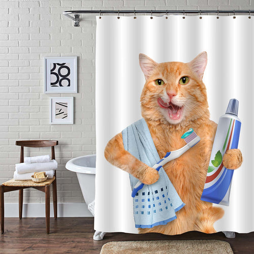 Pawky Pet Cat Brushes Teeth Shower Curtain - Orange