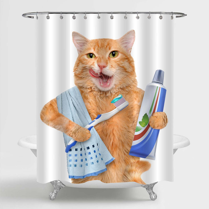 Pawky Pet Cat Brushes Teeth Shower Curtain - Orange