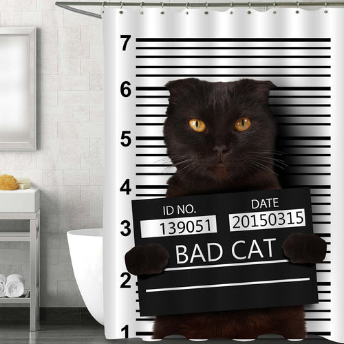 Black Cat Holding a Banner Offender Shower Curtain - Black White