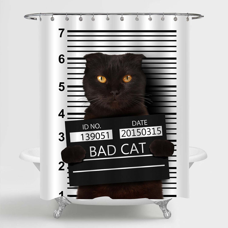 Black Cat Holding a Banner Offender Shower Curtain - Black White