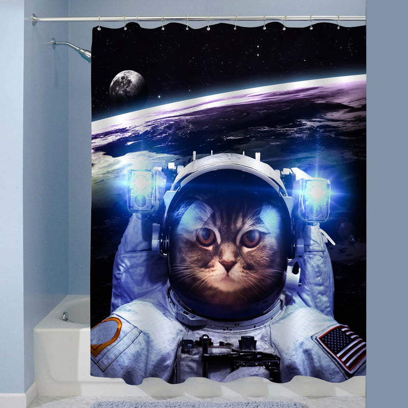 Astronaut Cat Floats Above Earth Shower Curtain - Dark Blue