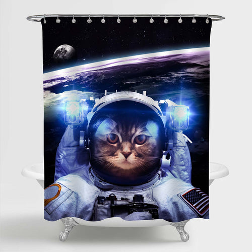 Astronaut Cat Floats Above Earth Shower Curtain - Dark Blue