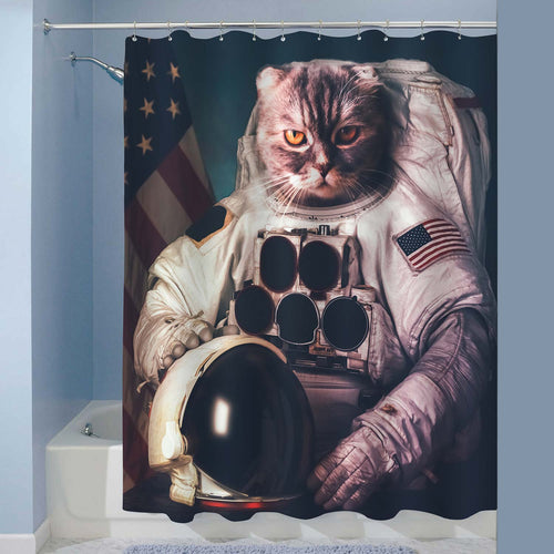 Astronaut Cat Takes Photos with American Flag Shower Curtain - Navy White