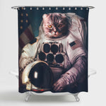 Astronaut Cat Takes Photos with American Flag Shower Curtain - Navy White