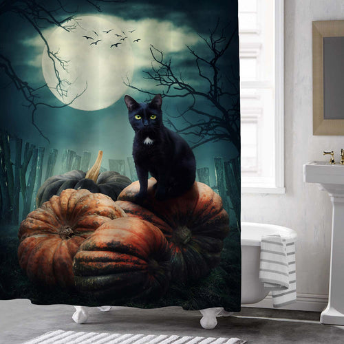 Cat on Pumpkins at Night with Full Moon Horror Halloween Shower Curtain - Black Green