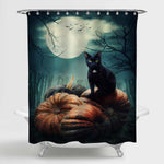 Cat on Pumpkins at Night with Full Moon Horror Halloween Shower Curtain - Black Green