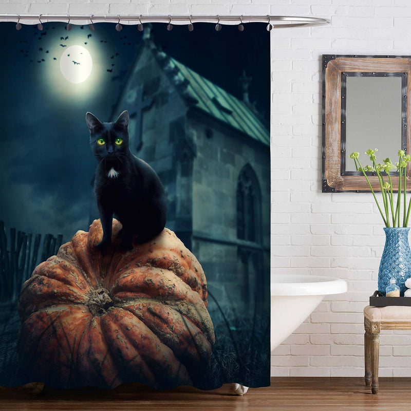 Black Cat Sit on Orange Pumpkin with Full Moon Spooky Birds Haunted House Shower Curtain - Black Green