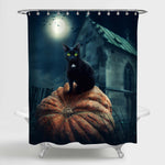 Black Cat Sit on Orange Pumpkin with Full Moon Spooky Birds Haunted House Shower Curtain - Black Green
