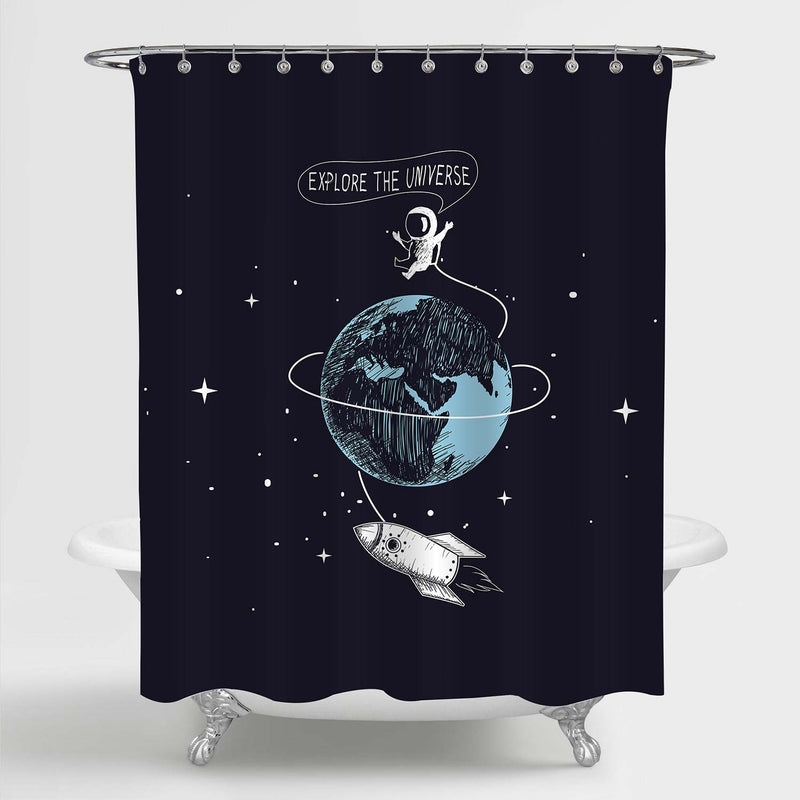 Cartoon Astronaut Flying with Rocket Around Earth Shower Curtain - Black