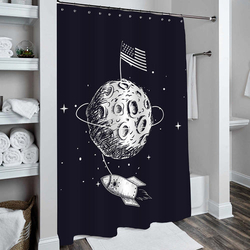 Hand Drawn American Flag on the Moon Rocket Outer Space Shower Curtain - Black White