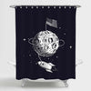 Hand Drawn American Flag on the Moon Rocket Outer Space Shower Curtain - Black White
