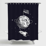 Hand Drawn American Flag on the Moon Rocket Outer Space Shower Curtain - Black White
