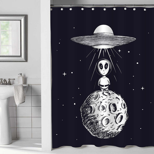 Cartoon Alien Spaceman Landed to Moon from UFO Shower Curtain - Black White