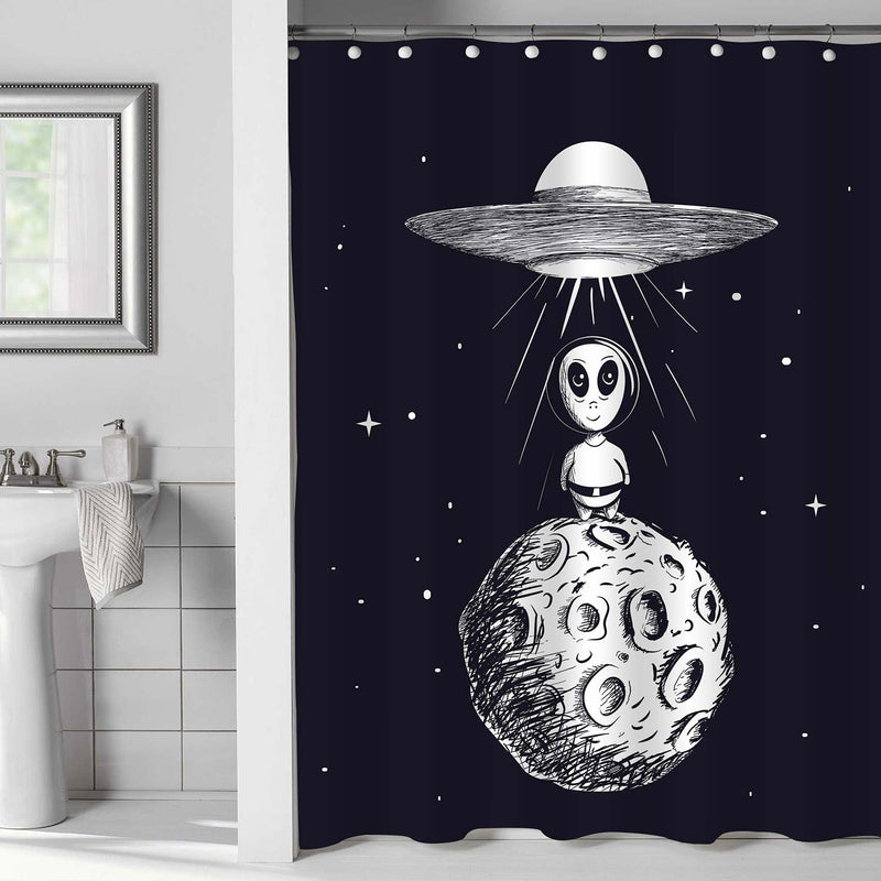 Cartoon Alien Spaceman Landed to Moon from UFO Shower Curtain - Black White