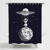 Cartoon Alien Spaceman Landed to Moon from UFO Shower Curtain - Black White