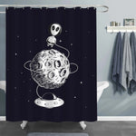 Hand Drawn Cute Alien Flying Around The Moon with UFO Shower Curtain - Black White