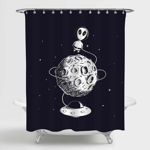 Hand Drawn Cute Alien Flying Around The Moon with UFO Shower Curtain - Black White