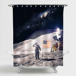 NASA Astronaut with American Flag on the Moon Shower Curtain - Grey Dark Blue
