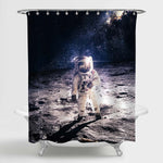 NASA Spaceman on the Lunar with Universe Stars Background Shower Curtain - Navy Blue Grey