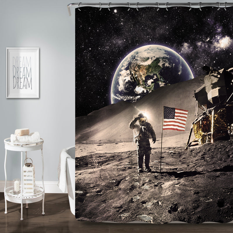 NASA Astronaut with USA Flag on the Moon with Earth Space Backdrop Shower Curtain - Dark Grey