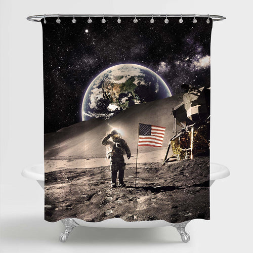 NASA Astronaut with USA Flag on the Moon with Earth Space Backdrop Shower Curtain - Dark Grey