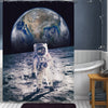 US Spaceman Walking on Moon with Earth Scenery Shower Curtain - Dark Blue Grey