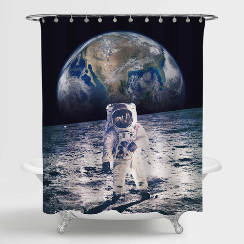 US Spaceman Walking on Moon with Earth Scenery Shower Curtain - Dark Blue Grey