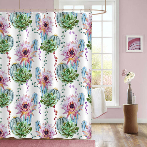 Green Cactus and Pink Flowers Shower Curtain - Green Pink