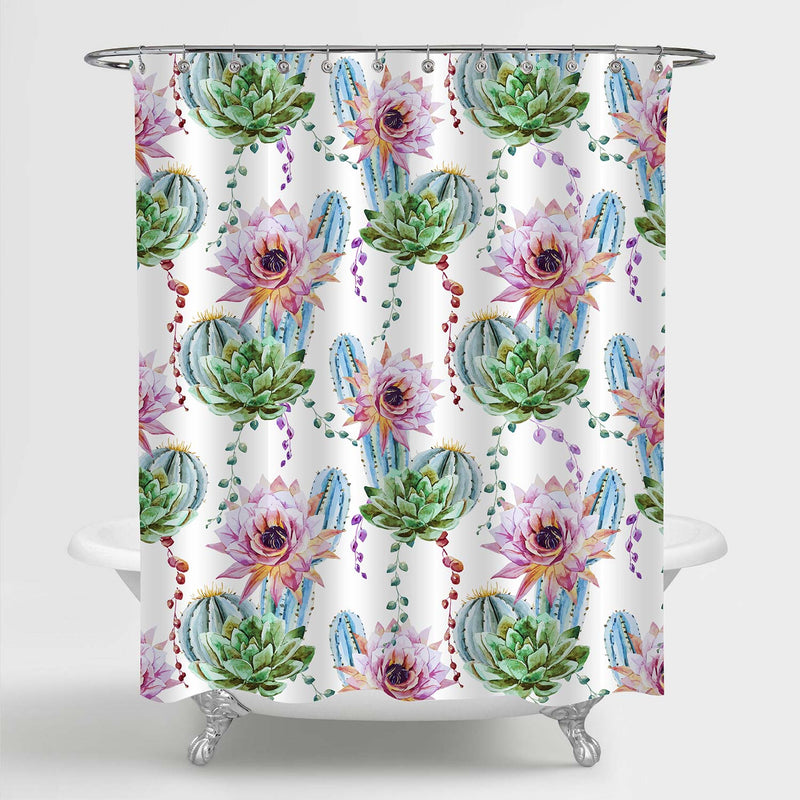 Green Cactus and Pink Flowers Shower Curtain - Green Pink