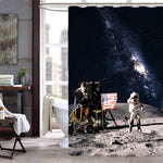 Astronaut with American Flag Shuttle on Lunar Landing Mission Picture Universe Shower Curtain - Navy Blue Grey