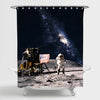 Astronaut with American Flag Shuttle on Lunar Landing Mission Picture Universe Shower Curtain - Navy Blue Grey