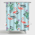 Watercolor Flamingo and Cactus Flowers Shower Curtain - Green Pink
