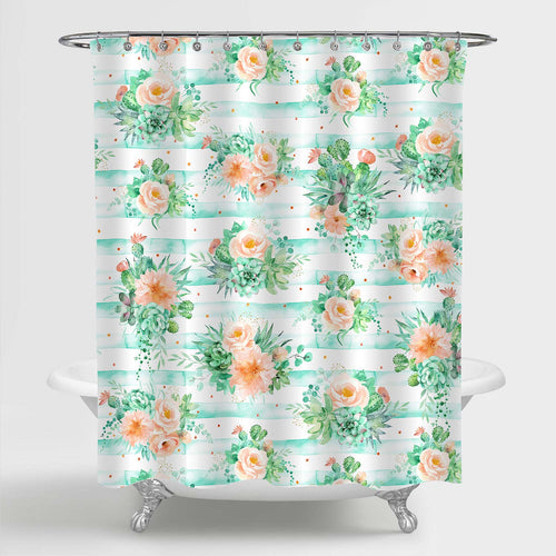 Succulents Cactus Flowers Bouquets with Striped Shower Curtain - Green Coral