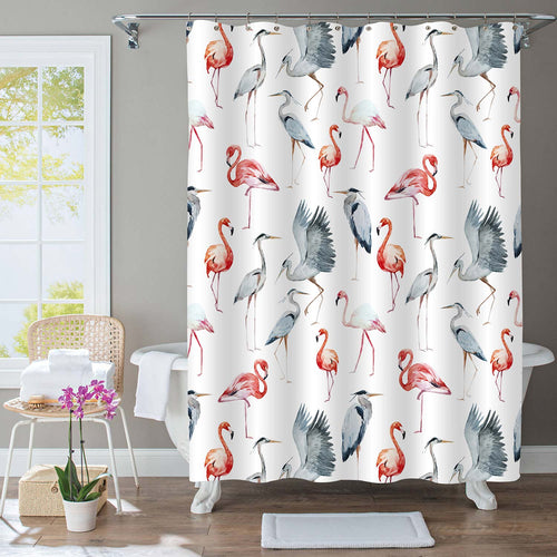 Watercolor Flamingos and Herons Pattern Shower Curtain