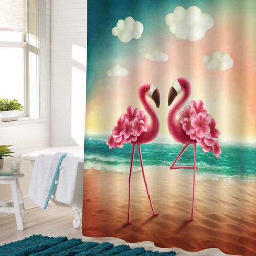 Couple Flamingos  with Flowers on the Beach Shower Curtain - Pink Gold