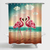 Couple Flamingos  with Flowers on the Beach Shower Curtain - Pink Gold